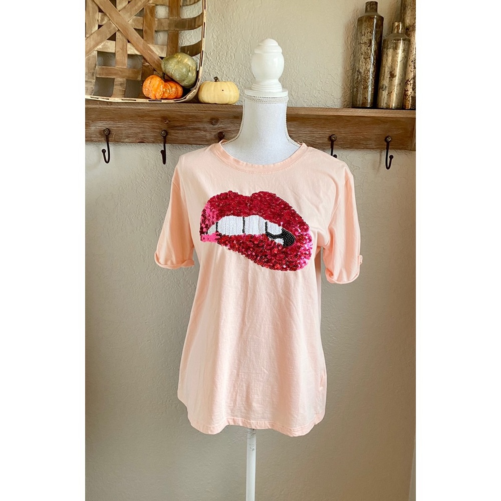Jeans Industry Graphic T-Shirt Tee Sequin lips - Picture 1 of 4